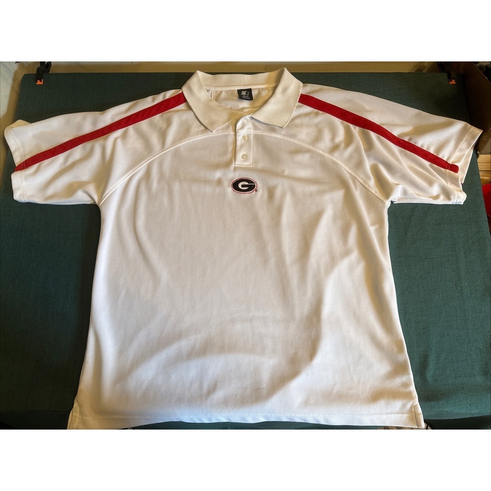 Vintage Georgia Bulldogs Polo Shirt Starter Mens XL White Red NCAA Football